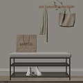 Light Cushioned Shoe Bench with Wooden Hook Rack Woven Bag and White Sneakers
