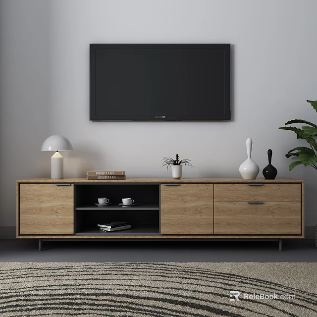 Wooden TV Stand with Table Lamp Books Small Plant and Vases Under Wall Mounted TV 3d model 
