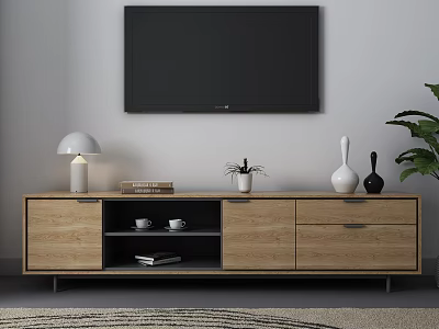 Wooden TV Stand with Table Lamp Books Small Plant and Vases Under Wall Mounted TV 3d model