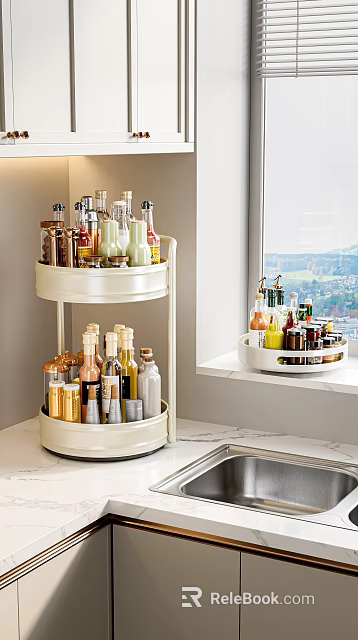 White Two Tier Rotating Kitchen Countertop Organizer Set With Spice Bottles And Condiment Containers 3d model 