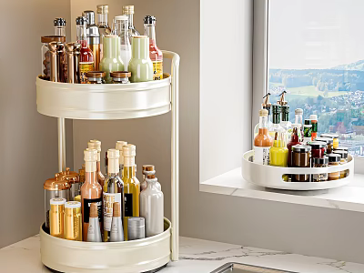 White Two Tier Rotating Kitchen Countertop Organizer Set With Spice Bottles And Condiment Containers 3d model