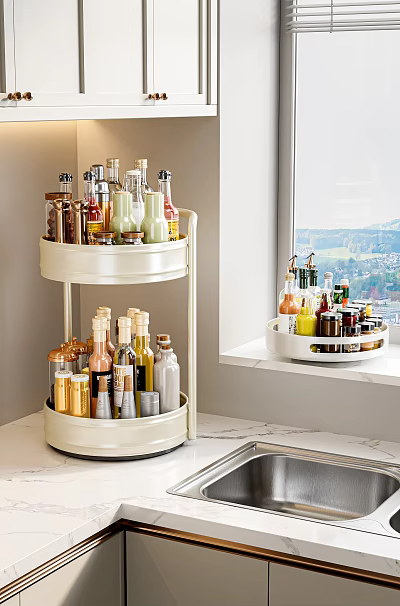 White Two Tier Rotating Kitchen Countertop Organizer Set With Spice Bottles And Condiment Containers 3d model