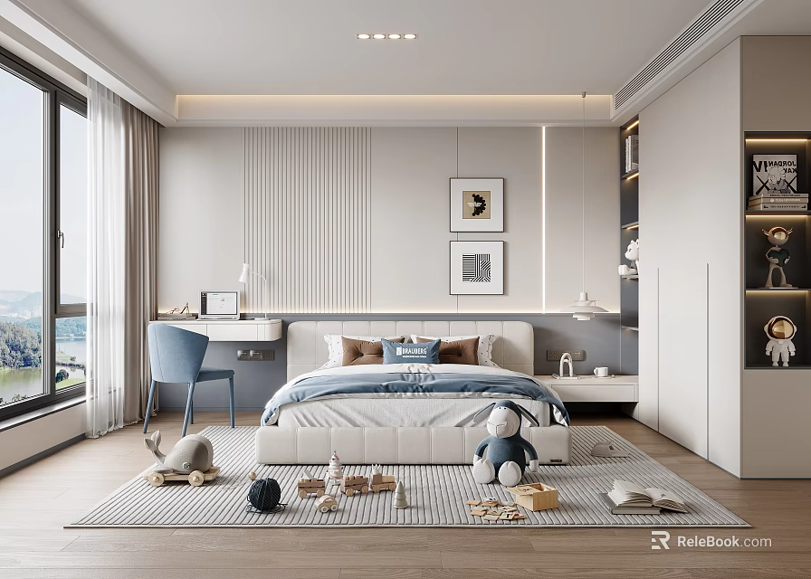 Bright Kids Room Interior Design With Bed Desk Blue Chair Toys And Rug 3d model 