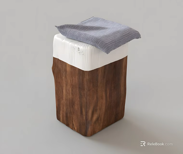 Rustic Wooden Stool With White Seat And Gray Cloth On Top 3d model 