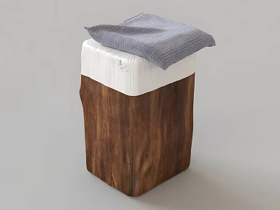 Rustic Wooden Stool With White Seat And Gray Cloth On Top 3d model