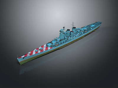 Detailed Blue Warship Model With Red White Deck Turrets And Mast Structure 3d model