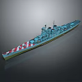 Detailed Blue Warship Model With Red White Deck Turrets And Mast Structure