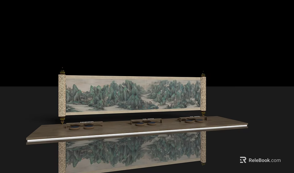 Traditional Chinese Landscape Painting Background Wall With Display Stand And Reflection 3d model 