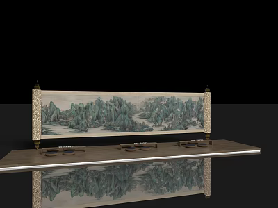 Traditional Chinese Landscape Painting Background Wall With Display Stand And Reflection 3d model