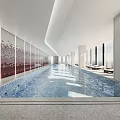 Indoor Swimming Pool With Large Windows Lounge Chairs And Red Wall Panels