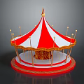 Children Playing On Colorful Carousel With Red And White Striped Top And Golden Decorations