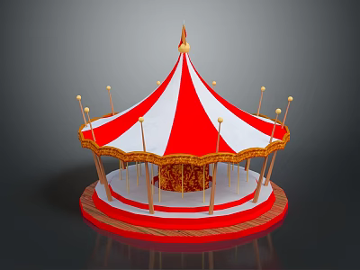 Children Playing On Colorful Carousel With Red And White Striped Top And Golden Decorations 3d model