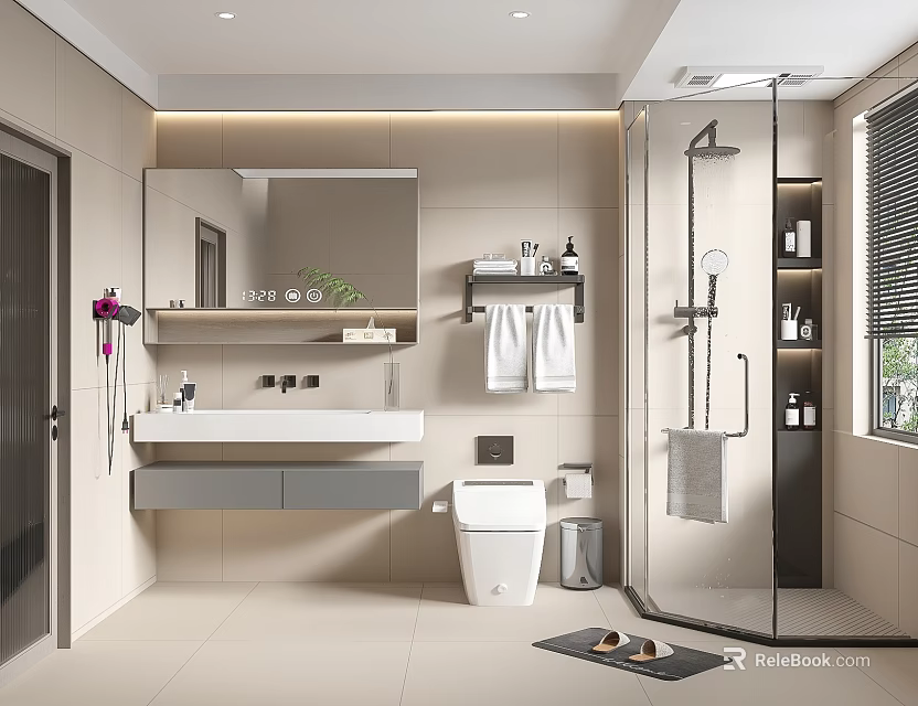 Modern Bathroom Interior Design With Vanity Mirror Toilet Glass Shower Enclosure And Towel Rack 3d model 