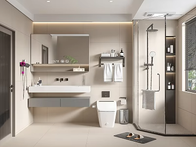 Modern Bathroom Interior Design With Vanity Mirror Toilet Glass Shower Enclosure And Towel Rack 3d model