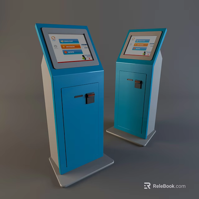 Public Facility Standing Blue Self Service Kiosks With Digital Screens And Locked Cabinets 3d model 