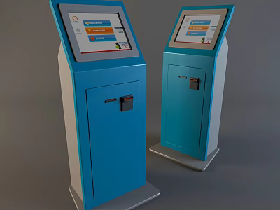Public Facility Standing Blue Self Service Kiosks With Digital Screens And Locked Cabinets 3d model