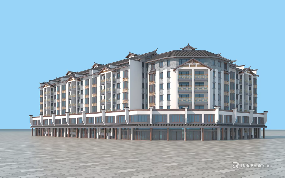 Traditional Ancient Architecture With Multi Storey Design White Walls And Colonnade Square Under Blue Sky 3d model 