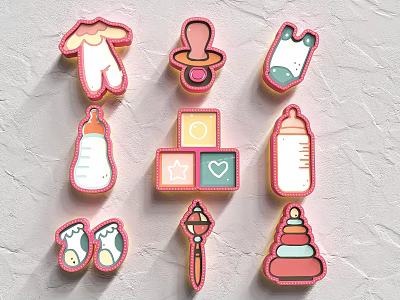 Cute Baby Product Logo Featuring Baby Clothes Pacifier Bottle Building Blocks Shoes Rattle Stacking Rings 3d model