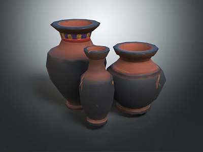 Three Decorative Clay Vases In Various Sizes With Dark Brown Orange Hues 3d model