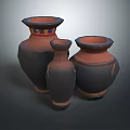 Three Decorative Clay Vases In Various Sizes With Dark Brown Orange Hues