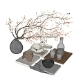 Minimalist Decorative Ornament Set With Ceramic Vase Branches Wooden Tray Glass Cups And Black Bowl