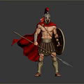 Man Dressed As Roman Soldier With Red Cape Helmet Shield And Spear
