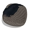 Modern Round Textured Fabric Ottoman With Black Fringed Blanket On Top Surface