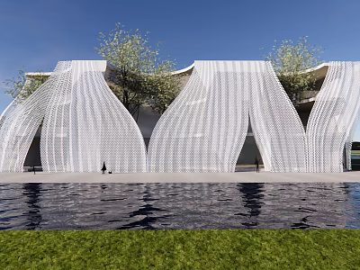 White Wavy Perforated Architectural Structure With Water Pool Grass And Trees 3d model