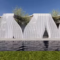 White Wavy Perforated Architectural Structure With Water Pool Grass And Trees