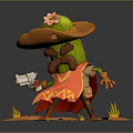 Game Movie Character Cactus With Sombrero Pink Flower Mustache Red Cape Silver Gun Orange Ground
