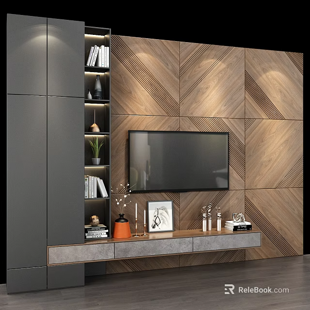 Modern Wooden TV Wall Panel With Herringbone Pattern Storage Cabinet And Decorative Items 3d model