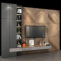 Modern Wooden TV Wall Panel With Herringbone Pattern Storage Cabinet And Decorative Items 3d model