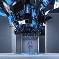 Futuristic Exhibition Space With Neon Lit Human Figures And Hanging Circular Lights 3d model