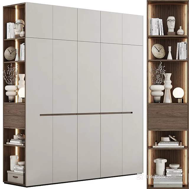 Modern Elegant Storage Cabinet In Living Space With Bookshelves Decorative Clock And Vases 3d model 