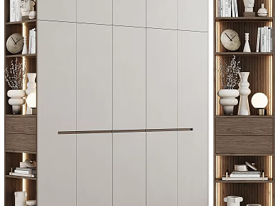 Modern Elegant Storage Cabinet In Living Space With Bookshelves Decorative Clock And Vases 3d model