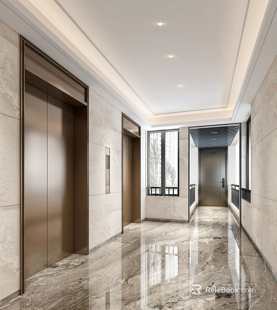 Modern Elevator Hallway Interior With Marble Floor Metal Doors And Large Windows 3d model