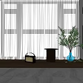 Interior Corner With Large Window White Curtains And Green Plant In Vase On Wooden Floor