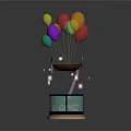 Colorful Balloons Attached To Floating Small Boat Over Glowing Blue Base