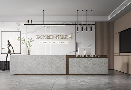 Modern Company Front Desk Front Desk Reception Area Chandelier Computer Office Area 3d model