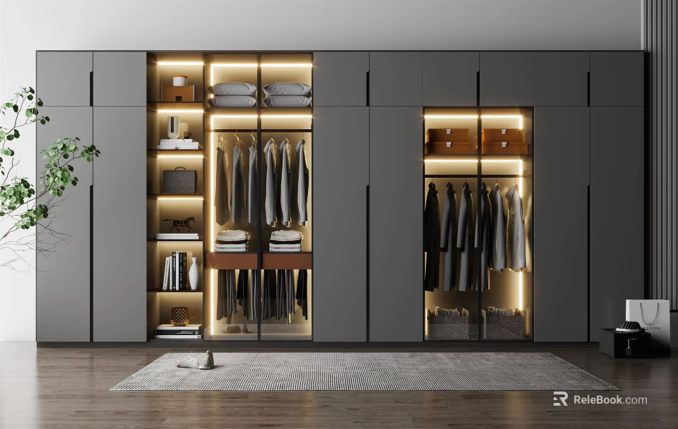 Modern Gray Custom Wardrobe Interior Design With LED Lighting And Storage Solutions 3d model 