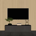Modern TV Stand with Wall Mounted TV Against Light Wooden Wall and Bonsai Tree Books