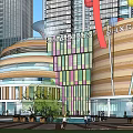 Modern Commercial Landscape With High Rise Buildings Circular Rooftops And Greenery