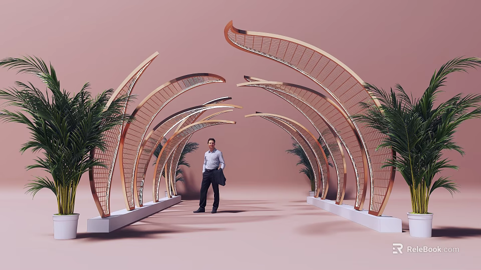 Instagrammable Photo Spot With Golden Curved Archways Pink Background And Green Plants 3d model 