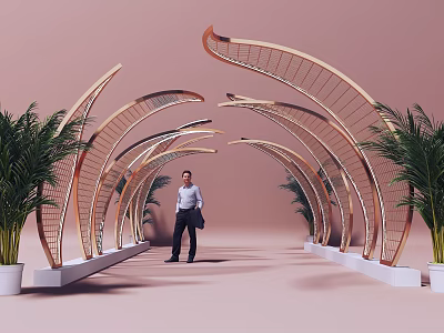 Instagrammable Photo Spot With Golden Curved Archways Pink Background And Green Plants 3d model