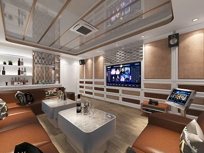 Modern Luxury KTV Interior Design With Brown Leather Sofa Coffee Table And TV Screen 3d model