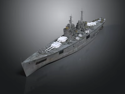 Classic Military Warship Naval Vessel With Main Turrets And Upper Deck Structure 3d model