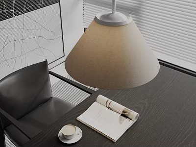 Modern Pendant Light Above Dark Wooden Table with Black Chair Open Notebook and Coffee Cup 3d model