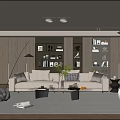 Modern Elegant Living Room Interior With Beige Sofa Wooden Bookshelves Floor Lamp Rug And Curtains