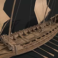 Ancient Wooden Sailboat With Beige Canvas Sails Red Flags And Oars