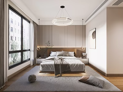 Modern Bedroom Interior With Large Bed Floor to Ceiling Window Round Chandelier And Decorative Rug 3d model